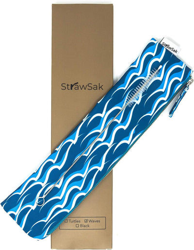 Straw Case for Reusable Straws (Metal Straws, Silicone Straws, Glass Straws), Cutlery, Silverware, Utensils - Easy to Clean Reusable Straw Pouch - Blue Waves - 10.5 Inch - by Strawsak