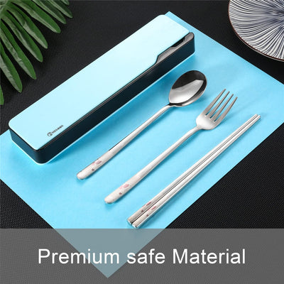 Reusable Utensils Set with Case,Spoon Fork Chopsticks Cutlery,Color Laser Engraving Pattern (Green)