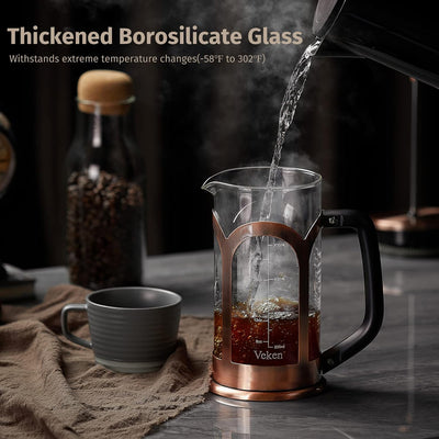 French Press Coffee & Tea Maker, 304 Stainless Steel Heat Resistant Borosilicate Glass Coffee Press, Durable Easy Clean 100% BPA Free,34Oz,Copper