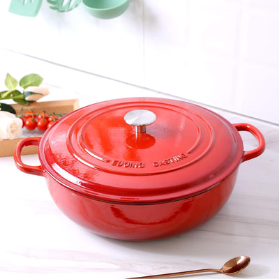 Enameled Cast Iron Dutch Oven Shallow Casserole Braiser with Dual Handle, 5.9-QT, Red