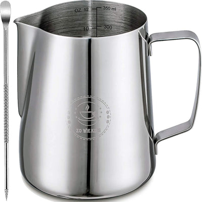 Milk Frothing Pitcher 12Oz,Espresso Steaming Pitcher 12Oz,Espresso Machine Accessories,Milk Frother Cup 12Oz,Milk Coffee Cappuccino Latte Art,Stainless Steel Jug