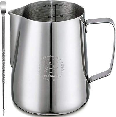 Milk Frothing Pitcher 12Oz,Espresso Steaming Pitcher 12Oz,Espresso Machine Accessories,Milk Frother Cup 12Oz,Milk Coffee Cappuccino Latte Art,Stainless Steel Jug