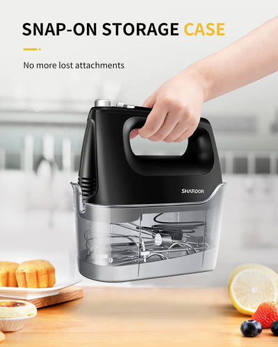 Hand Mixer Electric, 6 Speed & Turbo Handheld Mixer with 5 Stainless Steel Accessories, Electic Mixer for Whipping, Mixing Cookies, Brownie, Cakes, Dough Batters, Snap-On Storage Case, Black