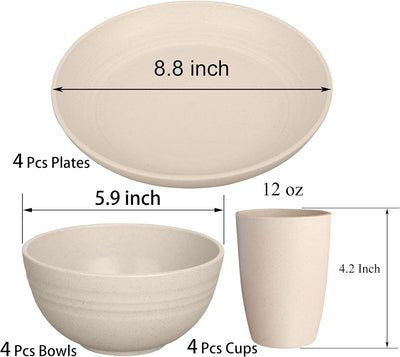 Luckyzone Wheat Straw Dinnerware Sets for 4 - Lightweight Plates, Bowls Cups & Cutlery - Reusable Dinner Camping Picnic Dishes - Dishwasher Microwave Safe, Eco Friendly (24Pcs/Beige)