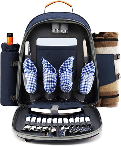 Picnic Backpack for 4 with Insulated Cooler Compartment,Picnic Cooler Bag,Picnic Basket Sets with Detachable Wine Holder Waterproof Pouch,Waterproof Fleece Blanket and Full Stainless Cutlery Set