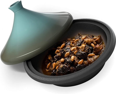 Moroccan Tagine, Enameled Cast Iron Cooking Pot, Tajine with Ceramic Cone-Shaped Closed Lid, 3.3 QT (Stone Blue)