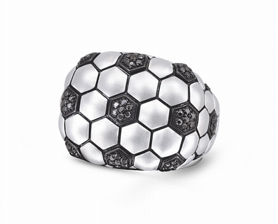 Kick & Goal Soccer Black Rhodium Plated Sterling Silver Black Diamond Head Ring