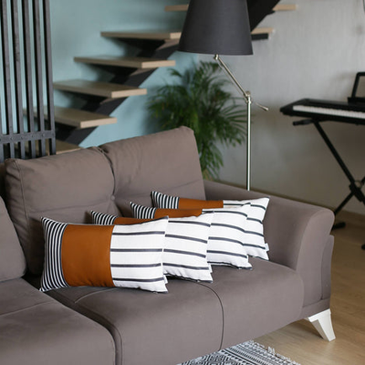 Bohemian Striped Vegan Faux Leather Throw Pillow Covers