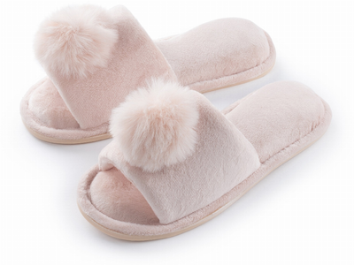 Pupeez Girl's Lovely Velvet Pom-pom Open Toe Kids House Slides Slipper