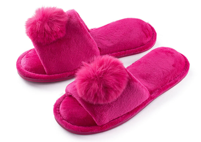Pupeez Girl's Lovely Velvet Pom-pom Open Toe Kids House Slides Slipper