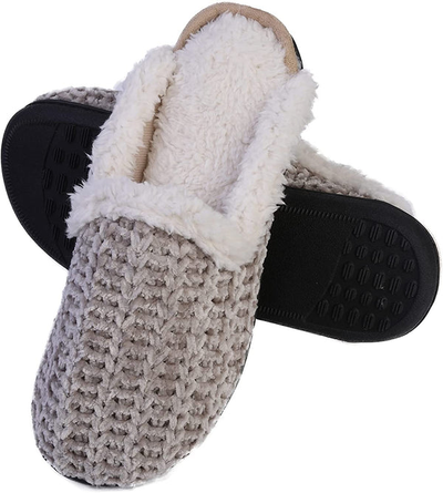 Roxoni Memory Foam Slippers for Women - Fuzzy Cozy Indoor/Outdoor Slides - Fluffy Slip On Shoes Womens House Slippers with Plush Heels and Anti-Skid Rubber Sole