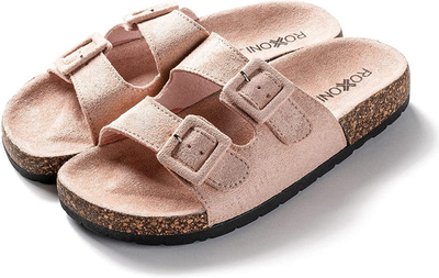 Roxoni Women Comfort Sandals Double Buckle Adjustable EVA Flat Slides Footbed Suede with Arch Support Non-Slip