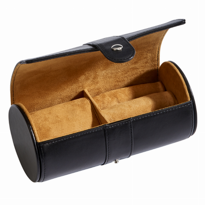 Black Leather Round Jewelry Case 6" X 3"