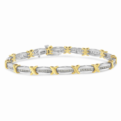 Two-Tone Gold Plated Sterling Silver 1carat Total Diamond Weight Diamond X-Link Bracelet