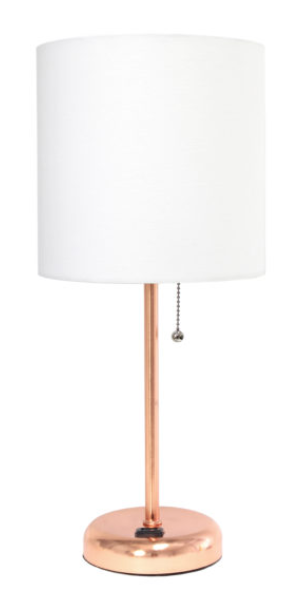 LimeLights Rose Gold Stick Lamp with Charging Outlet and Fabric Shade