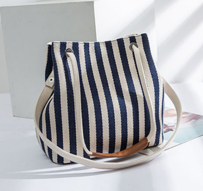 Canvas Striped Bucket Tote Bag