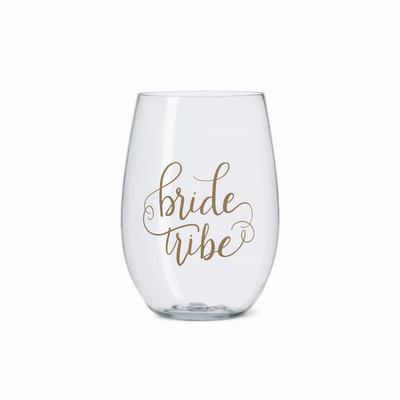 Bride/Bridesmaid Durable Plastic Stemless Wine Cups with Gold Logo 16 oz.