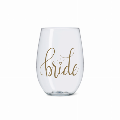 Bride/Bridesmaid Durable Plastic Stemless Wine Cups with Gold Logo 16 oz.