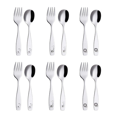 Kids Silverware 12 Pieces Children'S Safe Flatware Set Stainless Steel - 6 X Children Forks, 6 X Dinner Spoons, Toddler Utensils, for Lunchbox (Safari Animals Etched Elephant, Giraffe, Lion)