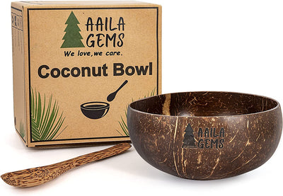 Coconut Bowl and Wooden Spoon Set- Vegan Organic Salad Soup Smoothie Bowl for Gift - Polished Buddha Bowl for Kitchen Utensils, Dark Brown, 5×2.55 (Coco-2)
