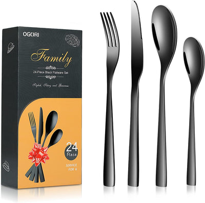Black Silverware Set, OGORI 24-Piece Black Forged Stainless Steel Flatware Set, Service of 6