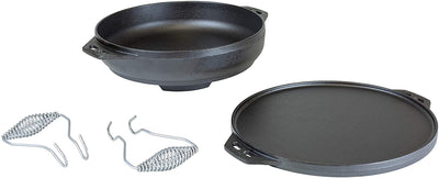Cast Iron Cook-It-All Kit. Five-Piece Cast Iron Set Includes a Reversible Grill/Griddle 14 Inch, 6.8 Quart Bottom/Wok, Two Heavy Duty Handles, and a Tips & Tricks Booklet.