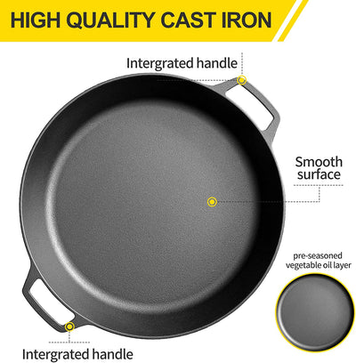 Pre-Seasoned Cast Iron Skillet, Large 15" Dual Handle Frying Pan for Bread, Baking,Pizza, Outdoor Cooking, Camping, Grill, Stovetop, Oven Safe Cookware