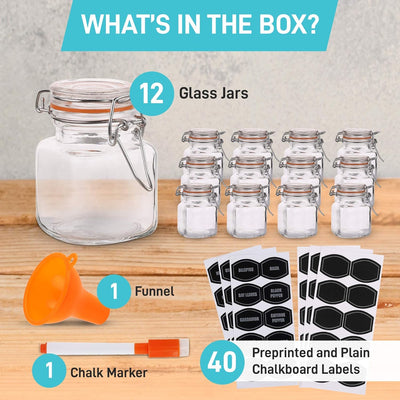 Spice Jars - 12 Airtight Flip Top Bottles with 40 Labels & Chalkboard Pen - Complete Set of 3.4 Ounce Square Empty Spice Bottles with Funnel | Kitchen Spice Organizer Clear Glass Jars
