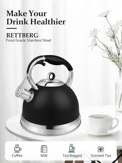 Tea Kettle for Stove Top with Metal Teapots Spout, Whistling Tea Kettles Loud Whistling 2.4 Quart (Black 2)