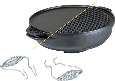 Cast Iron Cook-It-All Kit. Five-Piece Cast Iron Set Includes a Reversible Grill/Griddle 14 Inch, 6.8 Quart Bottom/Wok, Two Heavy Duty Handles, and a Tips & Tricks Booklet.