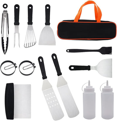 Griddle Accessories Set for Blackstone and Camp Chef, 14 Pcs with Griddle Cleaning Kit & Carry Bag, Metal Spatula, Scraper, Egg Rings, for Outdoor BBQ, Teppanyaki & Gas Grill
