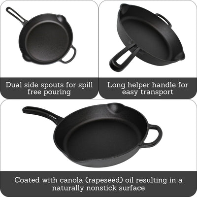 MIR-19052 10" Pre-Seasoned Ready to Use round Cast Iron Skillet with Helper Handle, Black
