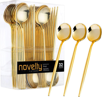 Novelty Modern Flatware, Cutlery, Disposable Plastic Soup Spoons Luxury Gold 32 Count