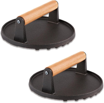 Cast Iron Bacon Press Set of 2, Heavy Duty 7'' round Grill Press Steak Weight with Wooden Handle for Meat, Burger, Panini, Perfect for Grilling and Griddle Cooking, Ideal Gift for Chefs Cooks