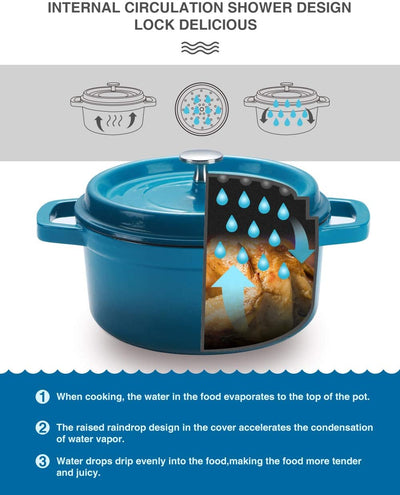 Enameled Cast Iron Dutch Oven Non-Stick Bread Baking Pot with Lid Suitable for Bread Baking Use on Gas Electric Oven 6 Quart, Peacock Blue