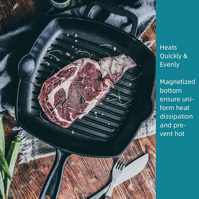 Cast Iron Heavy-Duty Pre-Seasoned Skillet Perfect for Beef Steak - 11 Inch Fry Pan with Two Silicone Handles