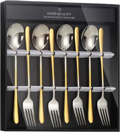 Buyer Star 8 Pack Dinner Spoon Fork Set, Gradual Change Gold Long Handle Spoon Fork Set Gradient Color Stylish Design 18/10 Stainless Steel Flatware Cutlery Set with Black Gift Box, Service for 4