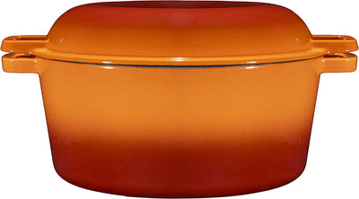 2-In-1 Enamel Cast Iron Dutch Oven with Handles - Crock Pot Pumpkin Spice Orange Cast Iron Pot with Skillet Lid-All-In-1 Cookware Braising Pan for Casserole Dish-5 Quart Pumpkin Spice Orange