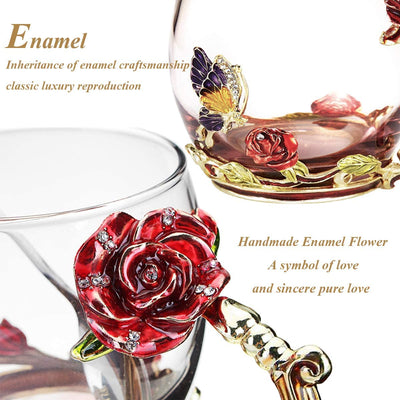 Tea Cup Glass Coffee Mugs Enamel Rose Flower Butterfly Drinking Cups with Spoon Set Unique Gifts for Birthday Wedding Christmas Red Rose Mug 12Oz