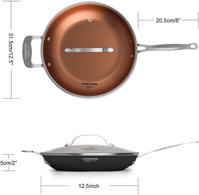 12 Inch Non-Stick Frying Pan with Lid-Copper Cooking Fry Pan Compatible with Induction Hobs-Oven Suitable and Dishwasher Suitable Black