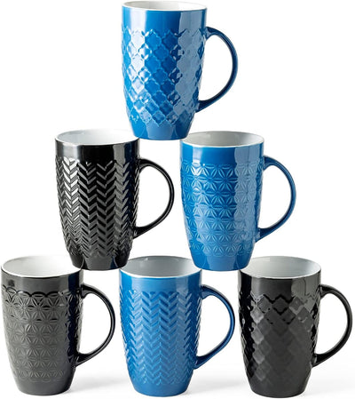 Large Coffee Mugs Set of 6, 22Oz Ceramic Tall Coffee Mugs Set with Textured Geometric Patterns for Latte/Tea/Beer/Hot Cocoa, Dishwasher & Microwave Safe, Multi