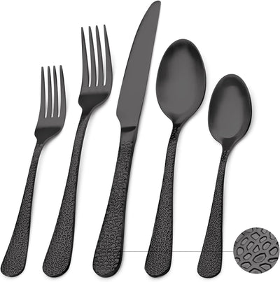 Matte Black Silverware Set - Stainless Steel 20 PCS Satin Finish Utensils Set, Hammered Tableware Set Cutlery Set Service for 4, Dishwasher Safe Flatware Set for Home Kitchen and Restaurant