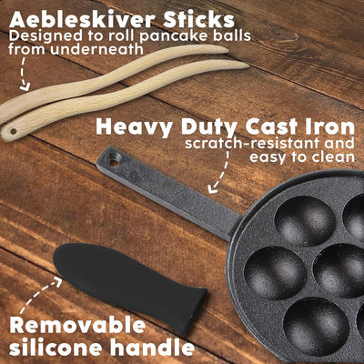 Cast Iron Aebleskiver Pan/Ebelskiver Pan/Ideal for Mini Pancake Mold, Cake Pop Pan, and Takoyaki Maker for Danish Stuffed (Black)