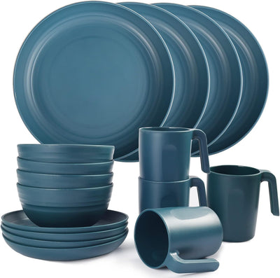 Plastic Dinnerware Sets (16PCS) - Lightweight & Unbreakable Dinnerware Set - Microwave Safe Plates Set, Bowls, Cups Mugs, Service for 4, Great for Kids & Adult