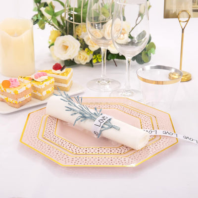 SUT 150 PCS Easter Pink Plastic Plates, Gold Disposable Silverware, Pink Plastic Dinnerware Sets Includes: 25 Dinner Plates, 25 Dessert Plates, 25 Cutlery Sets, 25 Cups, for Party & Shower