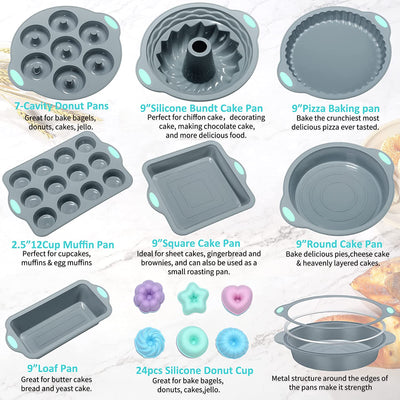 31 Pieces Silicone Baking Pans Set, Nonstick Bakeware Sets, BPA Free Silicone Molds, with Metal Reinforced Frame More Strength, Light Grey