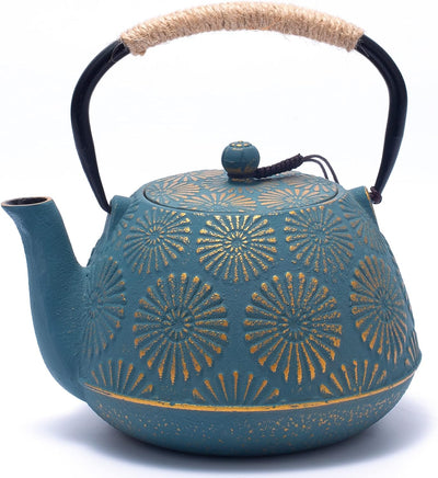 Cast Iron Teapot, Large Capacity 40Oz Tea Kettle with Infuser for Stove Top, Sakura Design Japanese Tea Pot for Loose Leaf Coated with Enameled Interior, 1200Ml Green