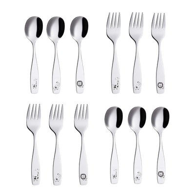 Kids Silverware 12 Pieces Children'S Safe Flatware Set Stainless Steel - 6 X Children Forks, 6 X Dinner Spoons, Toddler Utensils, for Lunchbox (Safari Animals Etched Elephant, Giraffe, Lion)