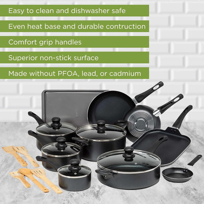 Easy Clean Nonstick Cookware Set, Dishwasher Safe Kitchen Pots and Pans Set, Comfort Grip Handle, Even Heating, Ultimate Food Release, 20-Piece, Black