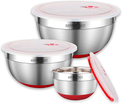 Stainless Steel Mixing Bowl with Lids, Set of 3 with 1.5/3/5 QT , Stackable and Space Saving Design, with Anti-Skid Silicone Base and Air Hole Cover